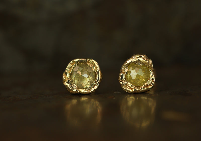 X 0.76ct Lemon Yellow Rose Cut Organic Diamond Stud Earrings