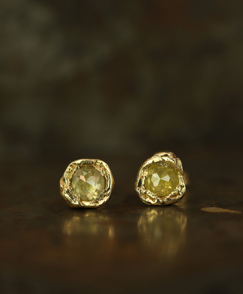 X 0.76ct Lemon Yellow Rose Cut Organic Diamond Stud Earrings